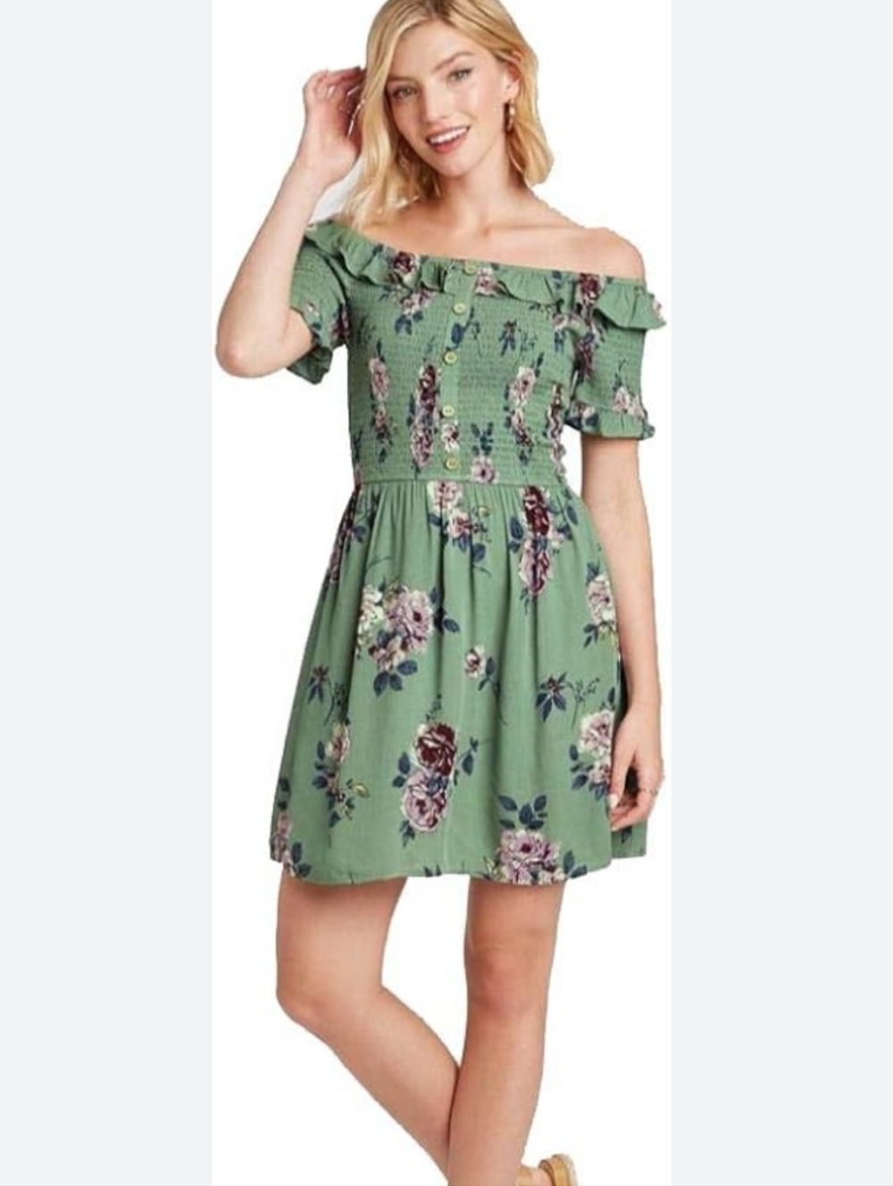 Xhilaration Green Floral Off-Shoulder Dress